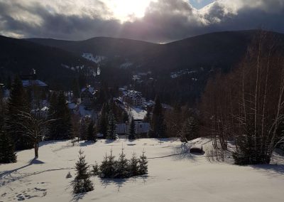 Winterlandschaft mit Sonne im Hintergrund